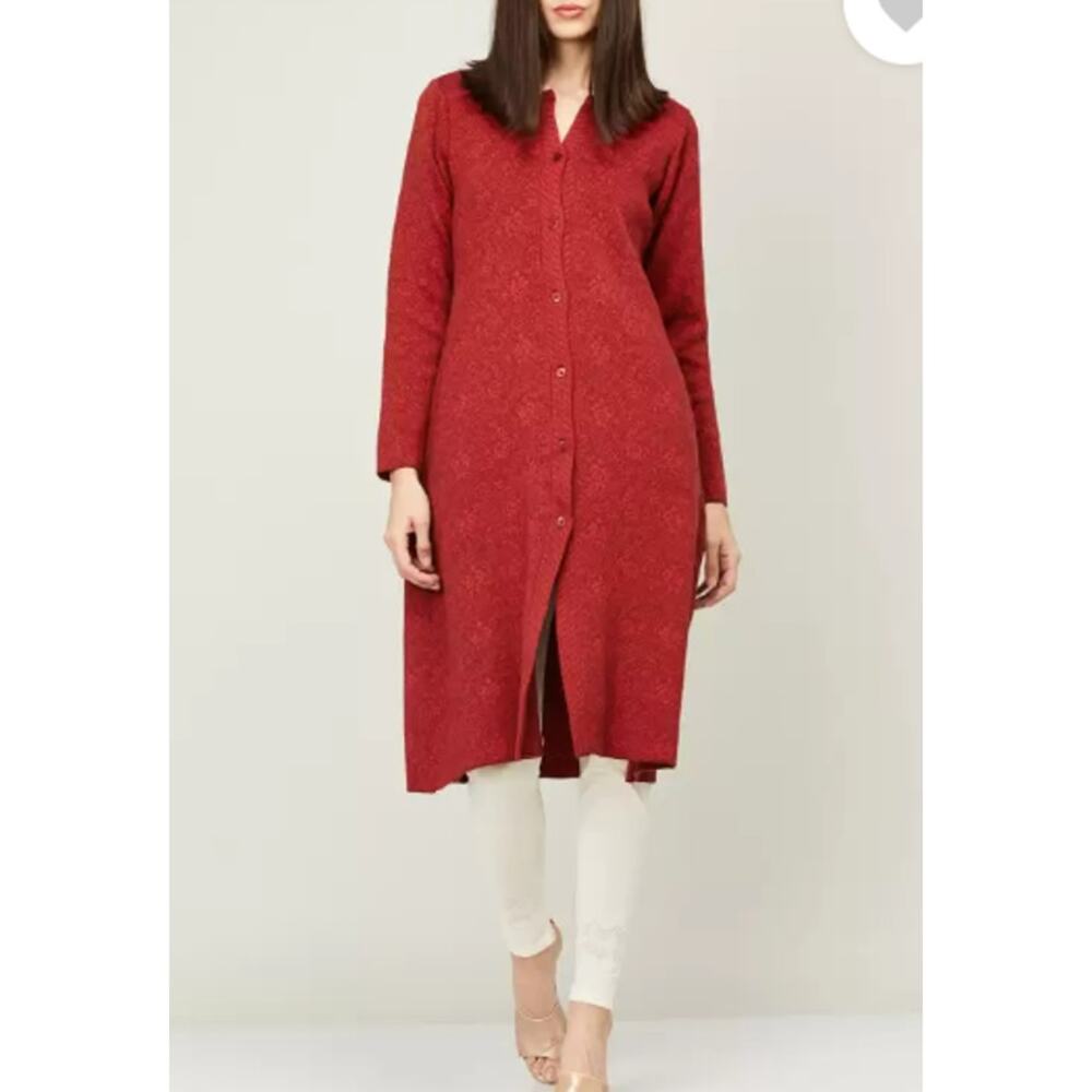Eileen Fisher Long Cardigan Sweater V Neck Long Sleeve Italian Yarm Red Small